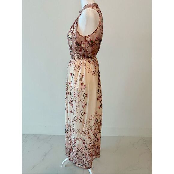 New Chiffon Elegant Floral Print Sleeveless Ruffle Beach Double Split Maxi Dress - Picture 4 of 9